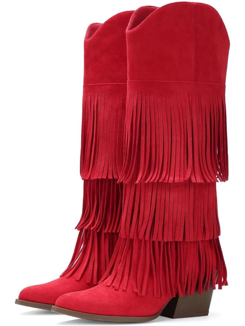 Women All Red Retro Pointed Toe Pull On Block Chunky Heel Embroider Cowgirl Boot